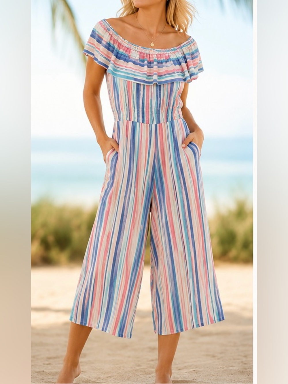 Liberty Love Off-Shoulder Striped Jumpsuit in Pastel Multi Stripe